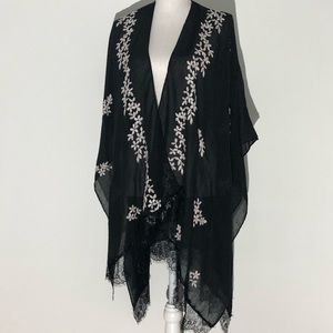 Swim cover up kimono wrap black lace white floral